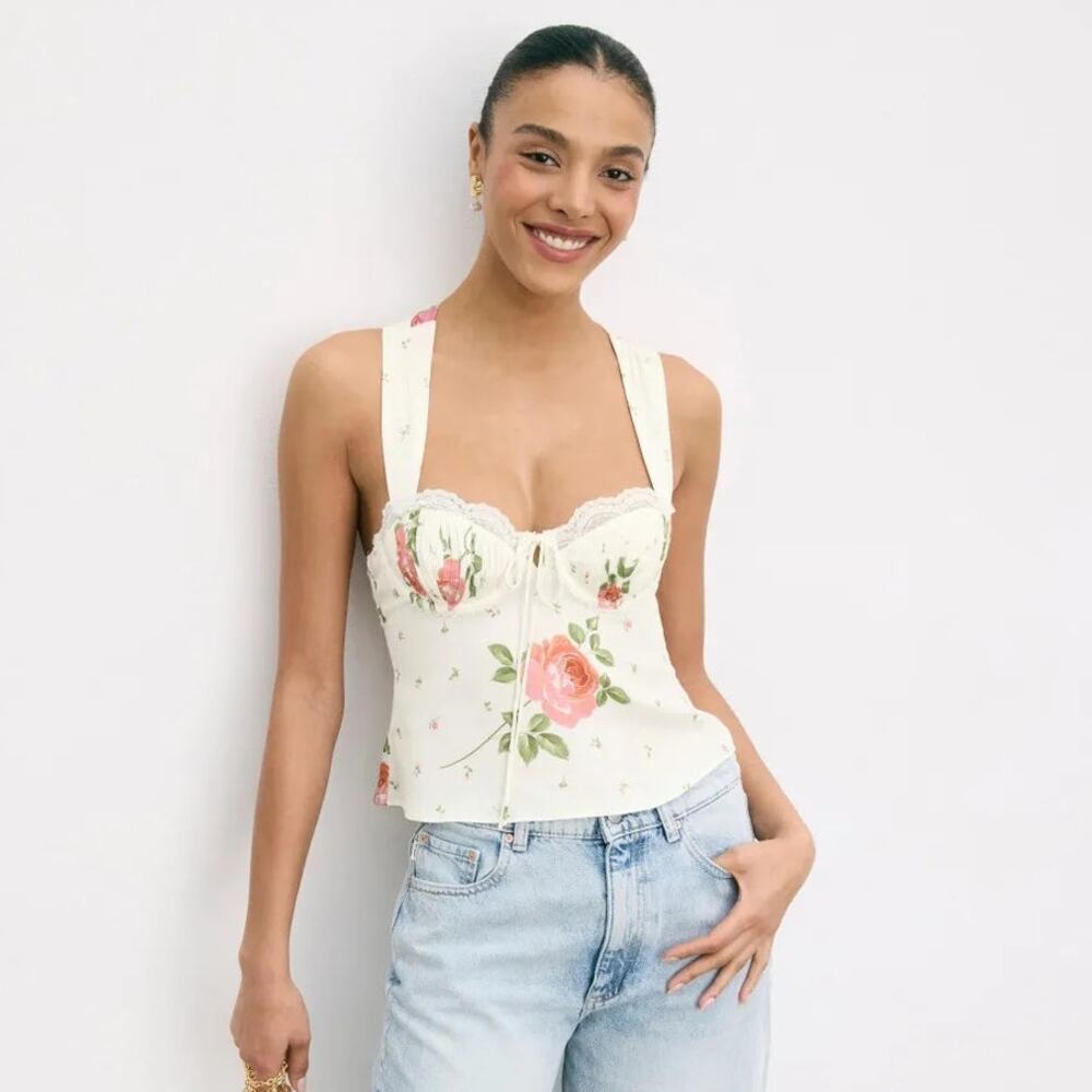 For Love & Lemons Rosebud Corset Top Floral Rose Sleeveless Crossback White M